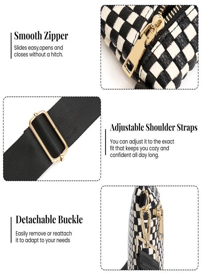 kuifang Woven Crossbody Bags For Women, Checkered Fashion PU Bum Bag Waist Pack, Travel Sling Purse with Adjustable Strap（Black) - Image 5
